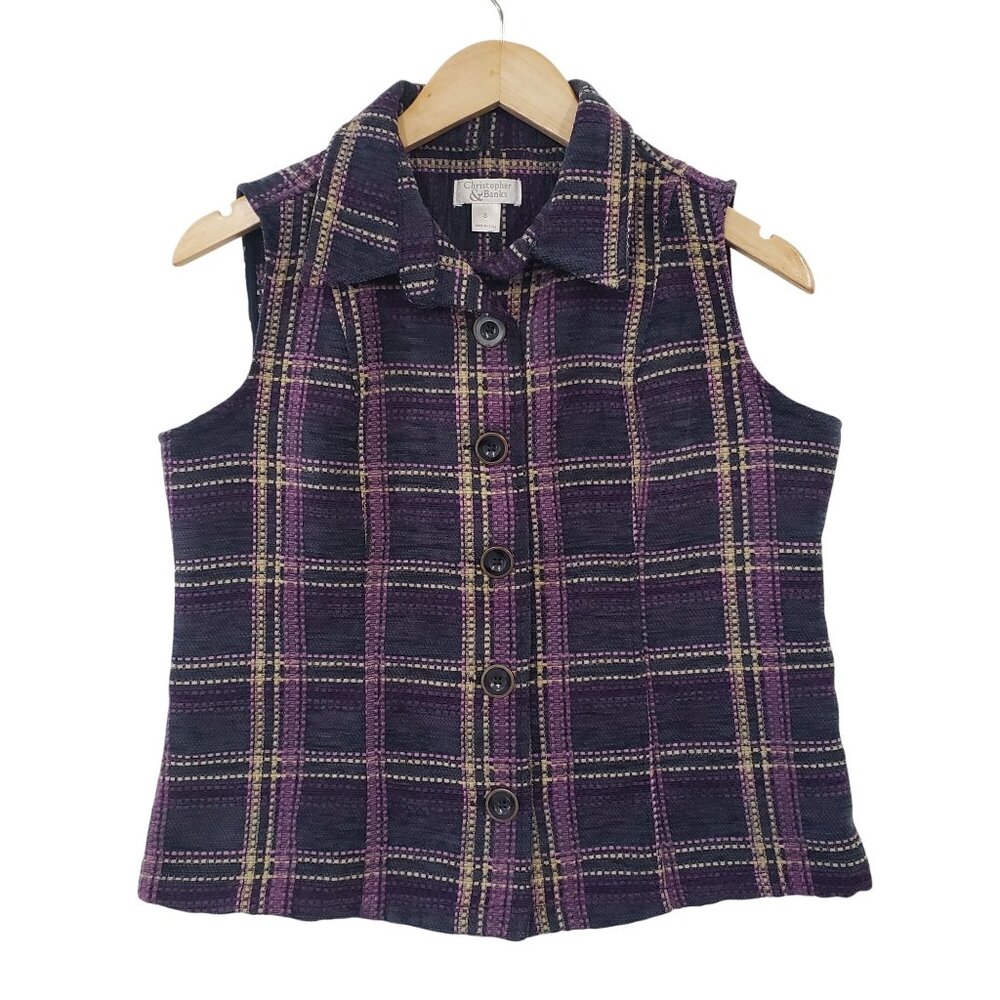 Christopher & Banks Plaid Button Up‎ Sleeveless Vest Size S Purple Cottagecore